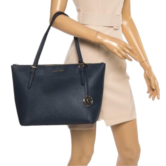 Michael Kors Ciara Navy Blue Saffanio Leather Two Strap Zippered Shoulder Tote - Picture 3 of 12